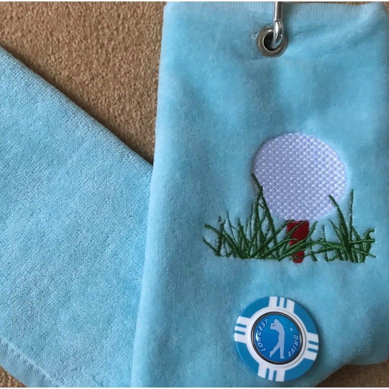Longest Drive Vegas Chip Golf Ball Marker and Generic Golf Towel Light Blue